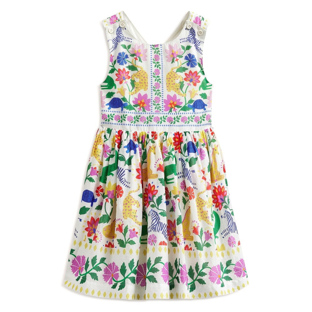 Mini Boden Girls White Cotton Safari Animal Otomi Print Cross Back Dress 2-3Y